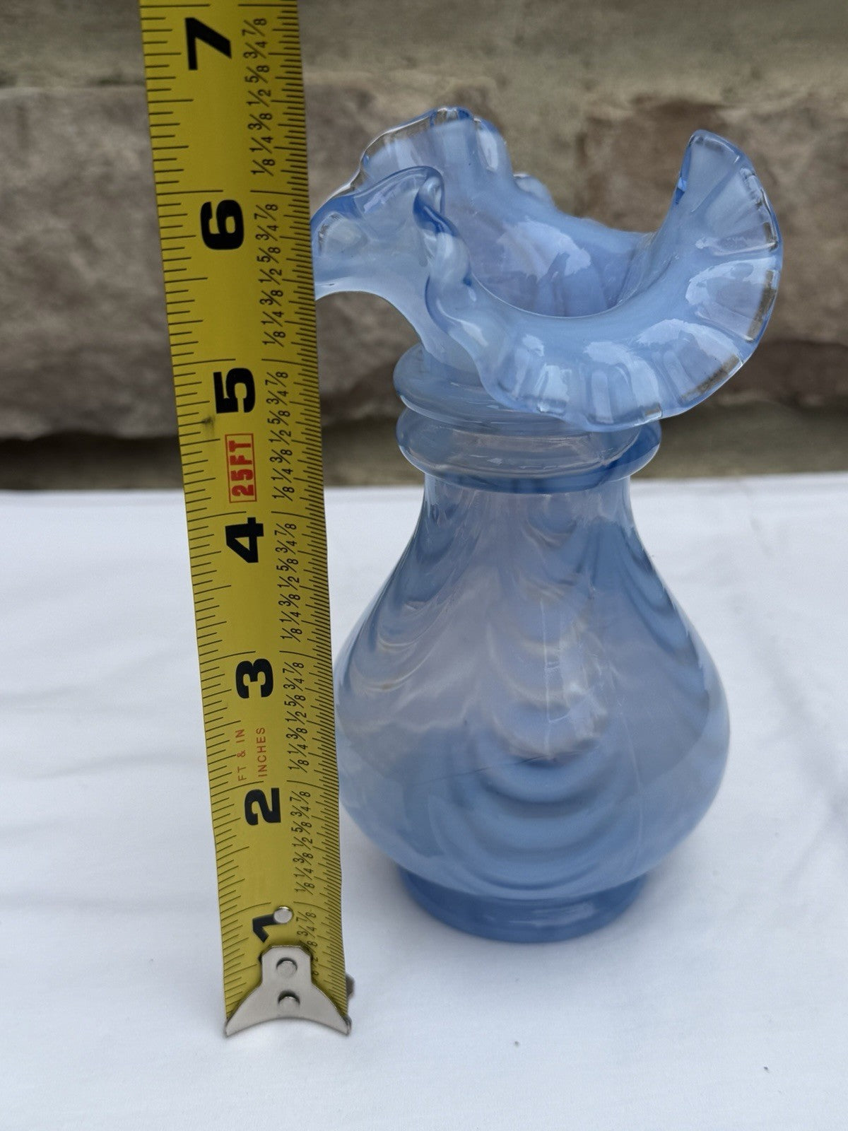 Vintage Fenton Blue Opalescent Drapery Vase Ruffled Tri-Fold Crimped Edge 6"