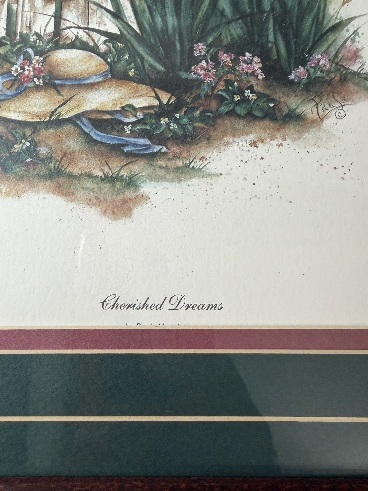 Vintage Paula Vaughan 2 Framed Floral Prints "Forgotten Basket" & "Cherished