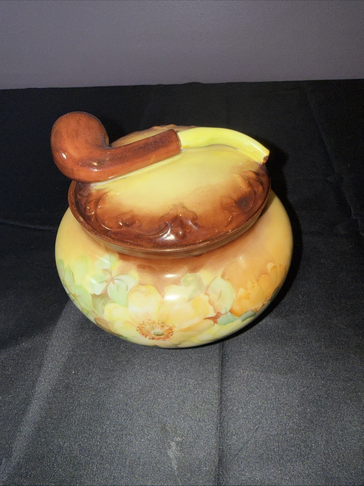 Antique Floral Austria Tobacco Humidor w/Pipe Finial on Lid 5.25x5.5