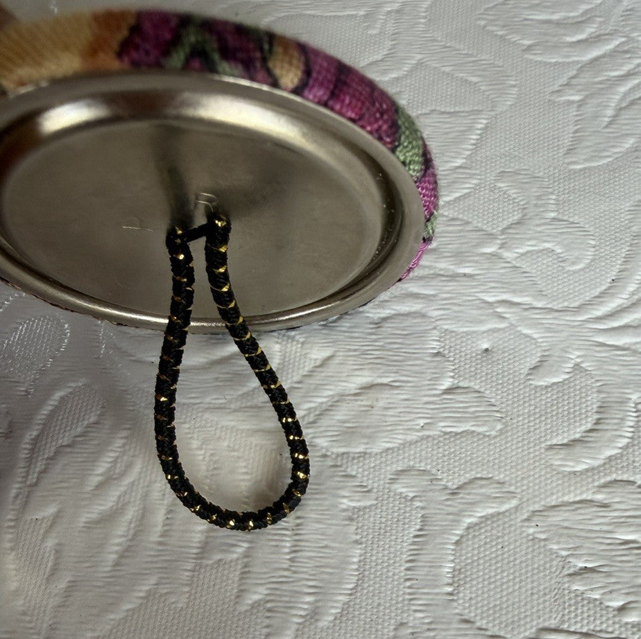 Vintage Fabric Covered Button Ponytail Holder Floral Hair Tie Metal Back Retro