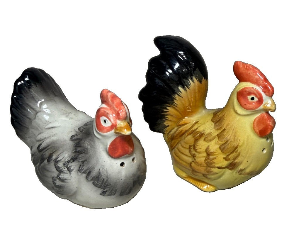 Vintage Otagiri Japan Ceramic Rooster Hen Salt Pepper Shakers Hand Crafted Pair