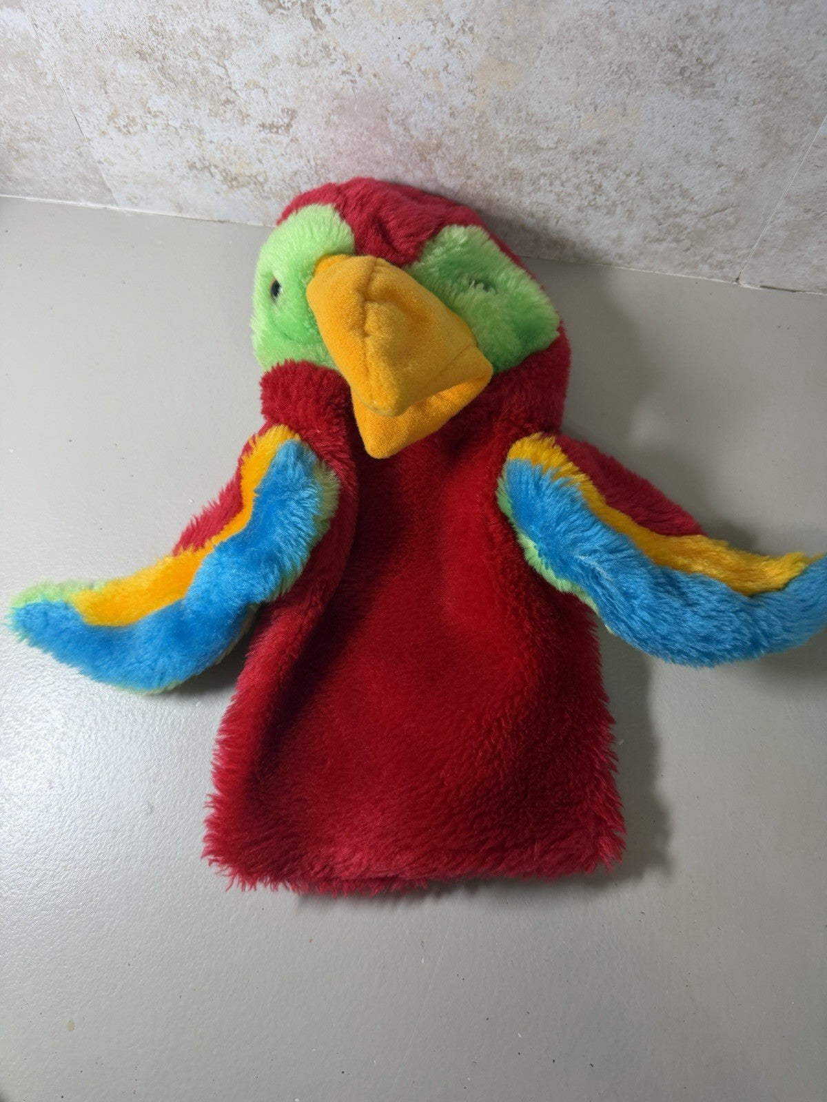 Vintage Brechner Plush Hand Puppets Lot 2 Green Monster Red Parrot 1981 Korea
