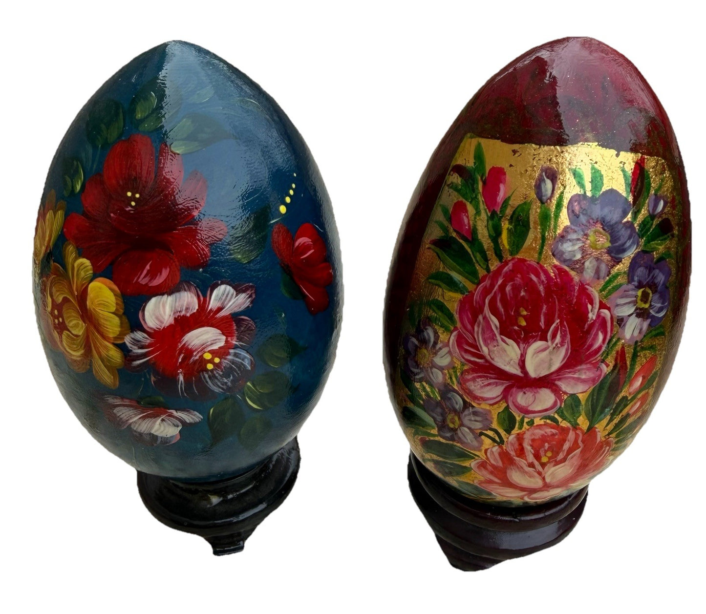 Zhostovo Hand Painted Lacquerware Wooden Eggs Floral With Stands