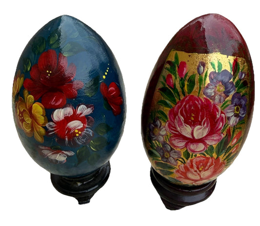 Zhostovo Hand Painted Lacquerware Wooden Eggs Floral With Stands
