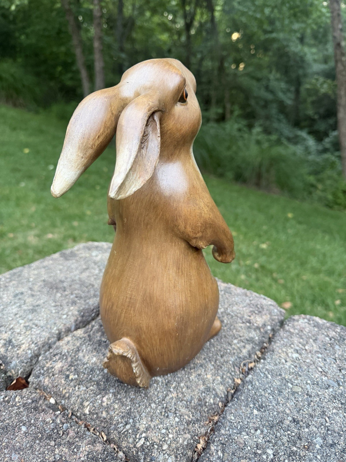 Vintage Faux Wood Carved Rabbit Statue 12.5" Standing Resin Bunny Figurine Eyes