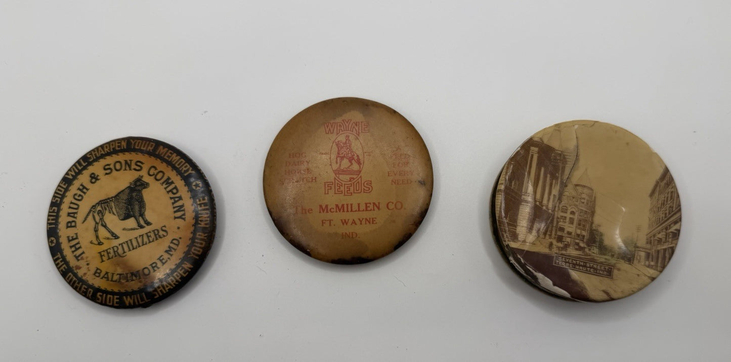 Vintage Celluloid Advertising Knife Sharpeners Wayne Feeds Baugh & Sons Set of 3