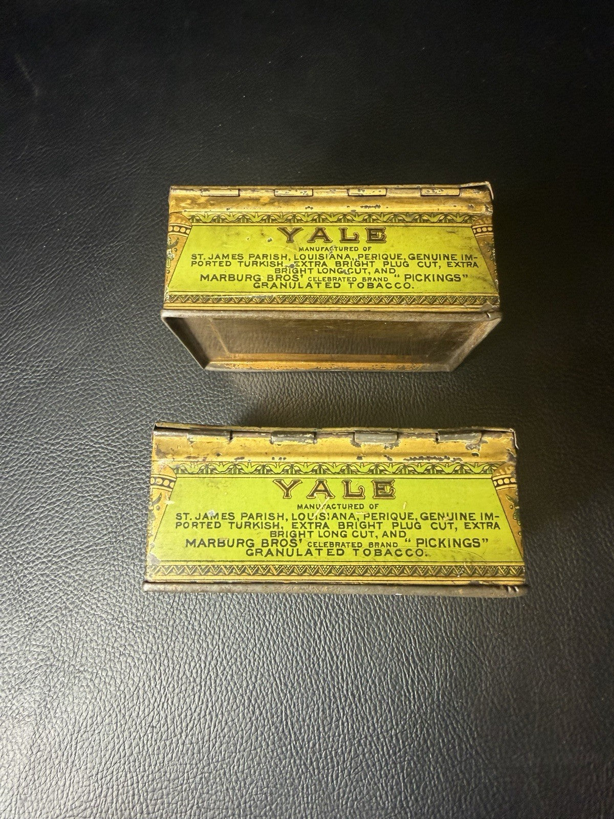Antique Yale Mixture Tobacco Tins 2 Marburg Bros Baltimore Maryland Green EMPTY