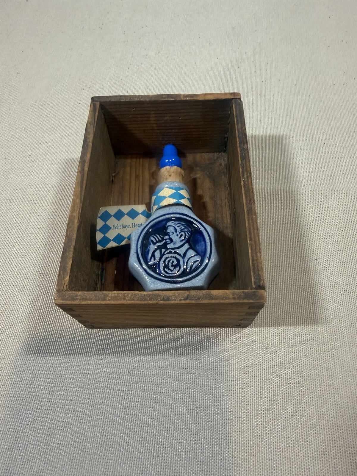 Vintage German Stoneware Schnalzlerfranzl Snuff Bottle Cobalt Blue Stopper
