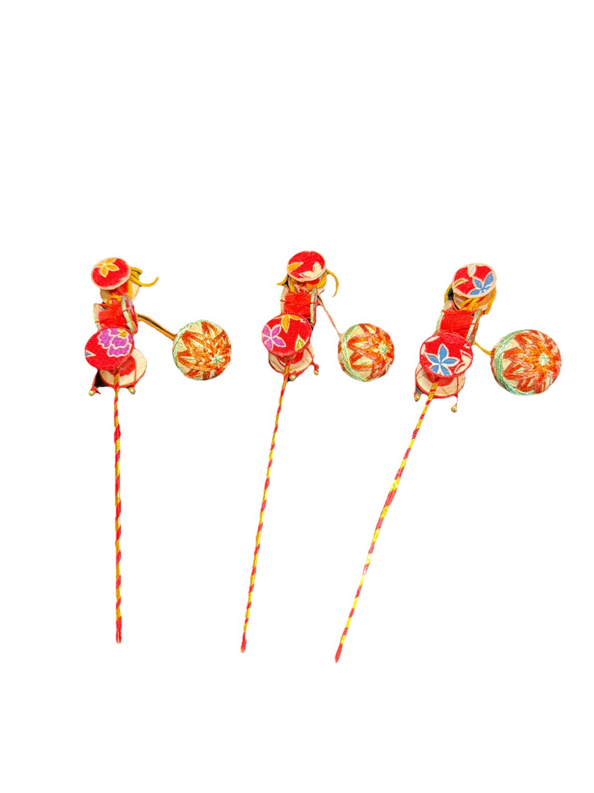 Japanese Den Den Daiko Toy Drums Folk Art Craft Set of 3 6"