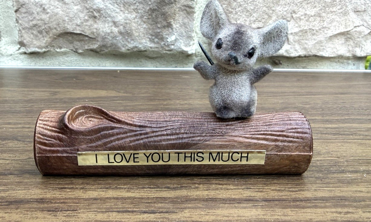 Vintage 1970s Flocked Mouse Figurine I Love You This Much Plastic Log Valentine