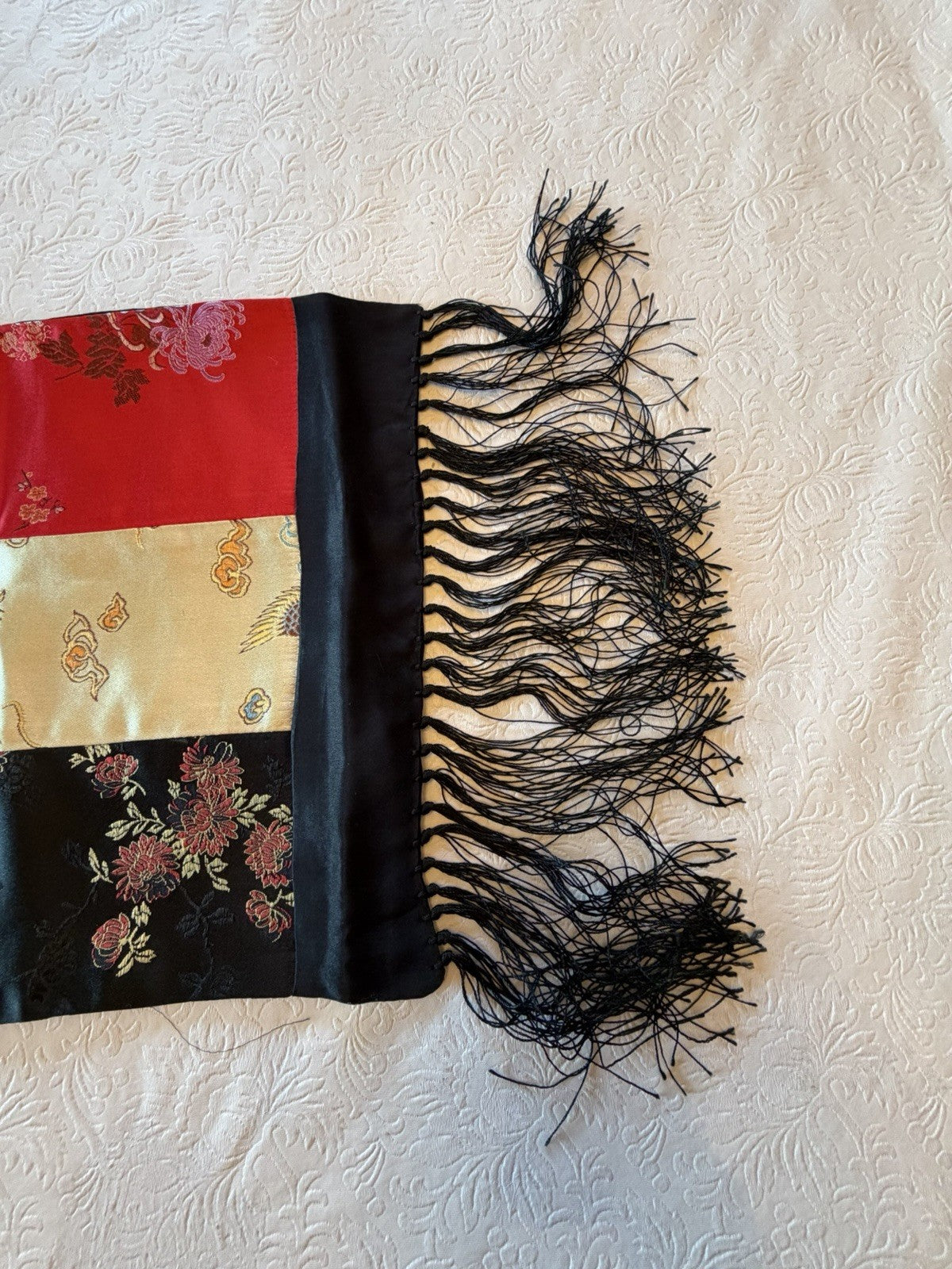 Vintage Asian Silk Brocade Table Runner Red Gold Floral Fringe 58" Oriental