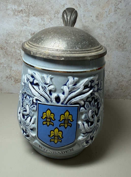 Vintage Wiesbaden Germany Beer Stein Ceramic Pewter Lid Coat of Arms Souvenir