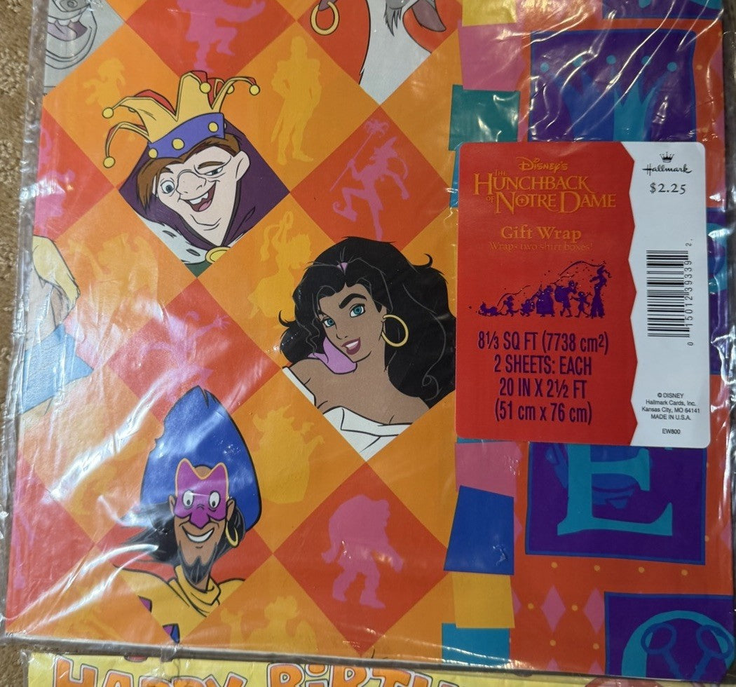 Vintage Gift Wrap Lot 6 Sealed Packs Flintstones Jetsons Hunchback Notre Dame