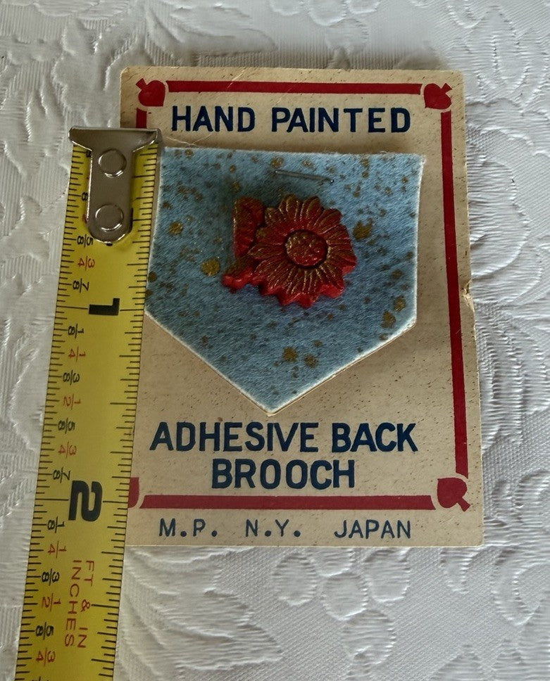 Vintage MP Japan Hand Painted Floral Adhesive Back Brooch NOS Original Card M.P.