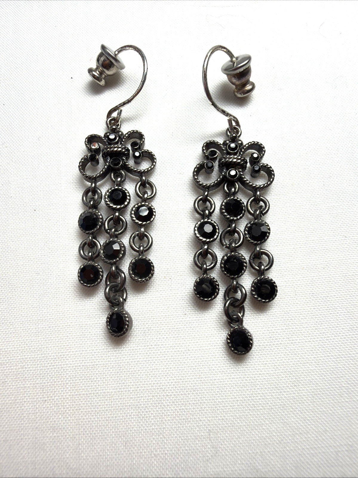 Vintage Monet Dangle Earrings Silver Tone Black Rhinestone Drop 5"