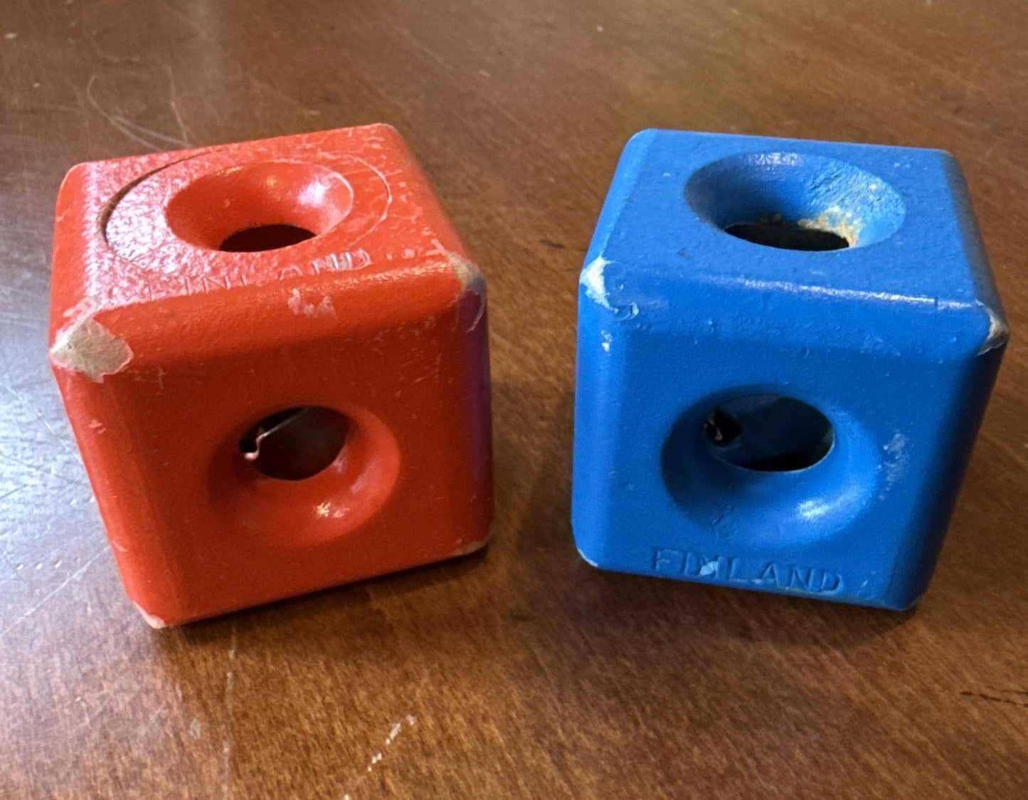 Antique Wooden Baby Toy Blocks with Bells Finland 2 Piece Set Red Blue