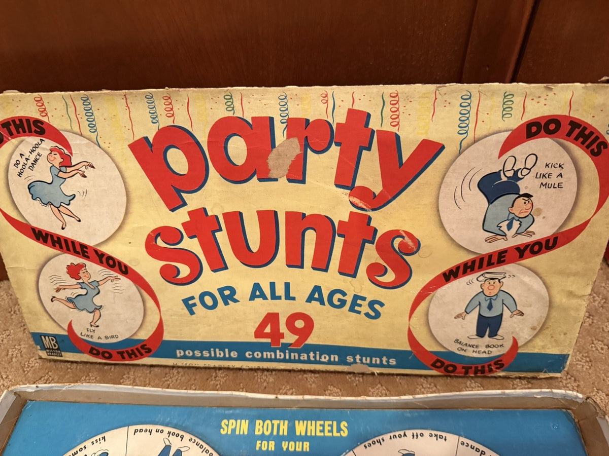 Vintage 1950s Milton Bradley Party Stunts 4317 Dual Spinner Complete Game Box MB