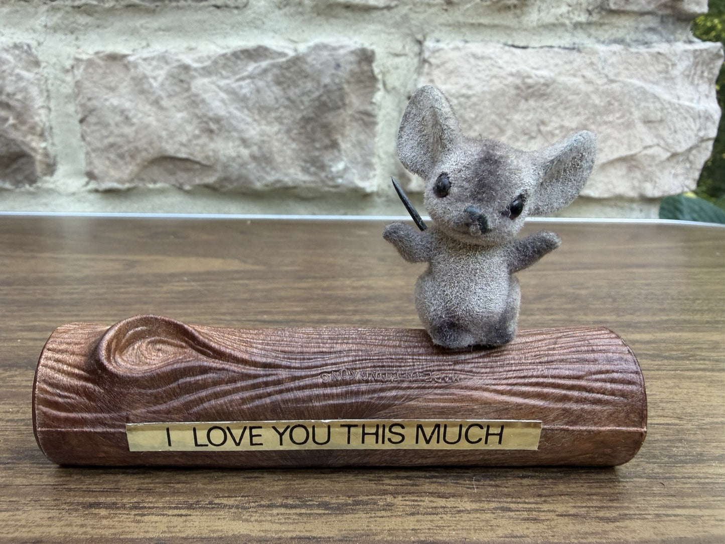 Vintage 1970s Flocked Mouse Figurine I Love You This Much Plastic Log Valentine
