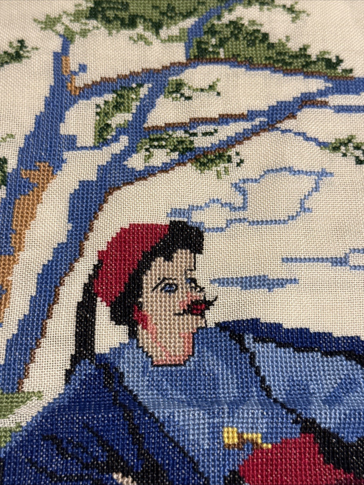 Vintage Hand Embroidered Middle Eastern Textile Panel Folk Art Desert Scene MCM