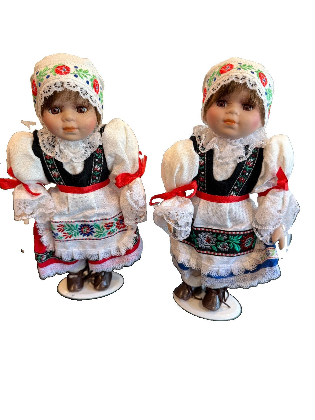 Vintage Porcelain Folk Costume Dolls Lot 2 Braided Hair Stands 8" Traditional