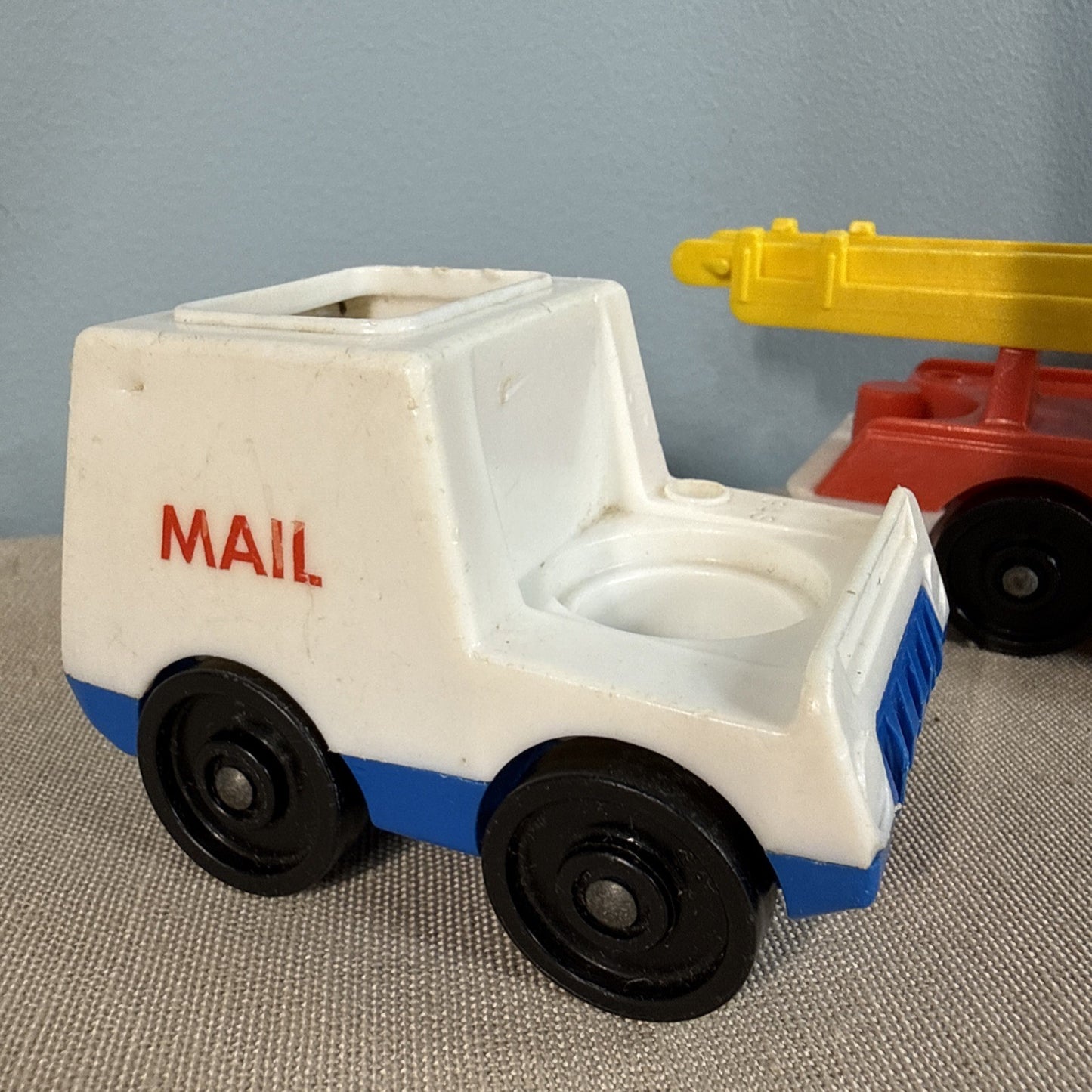 Vintage Fisher Price Little People Fire Trucks Ambulance Mail Truck + 3 Figures