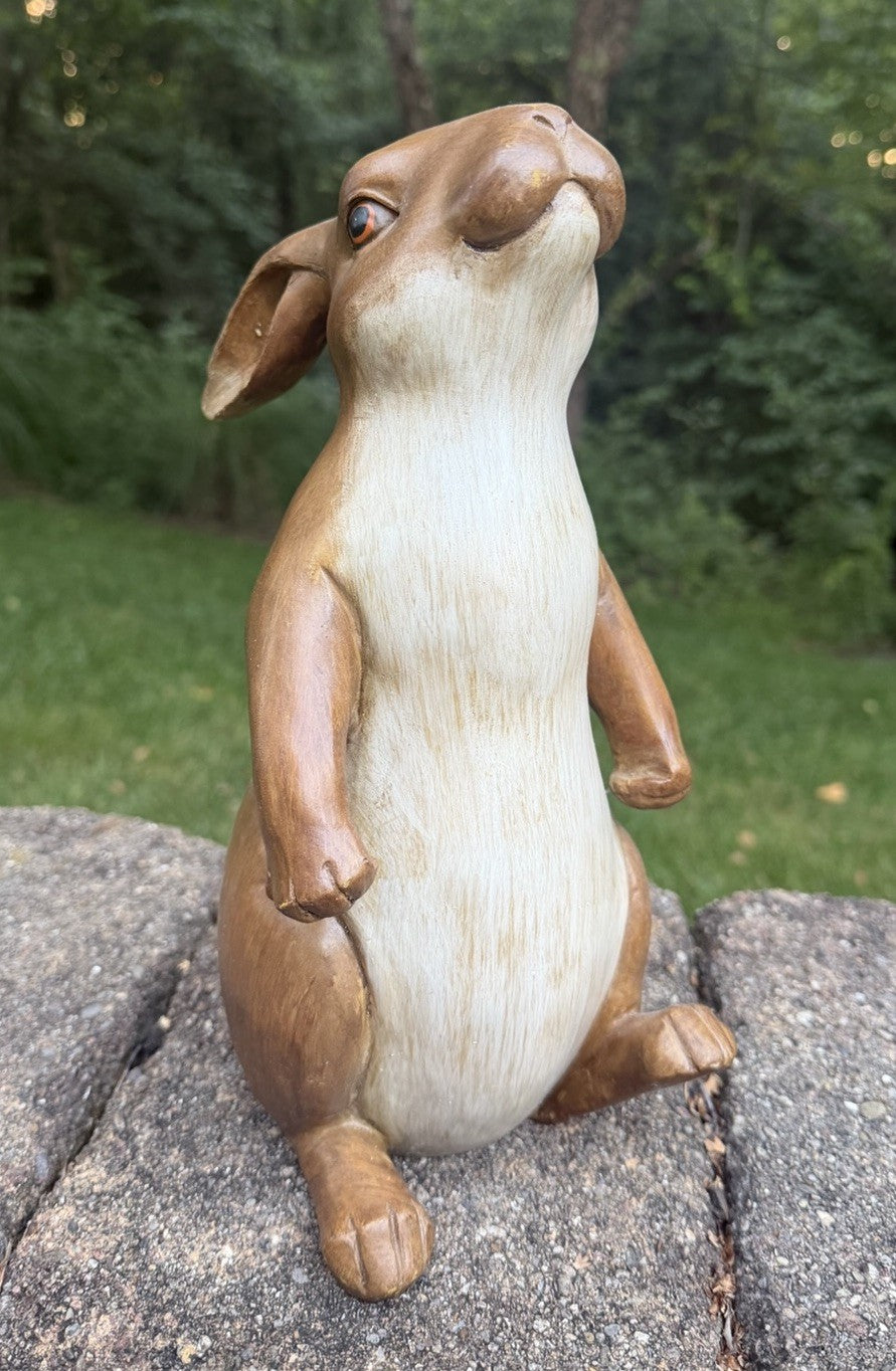 Vintage Faux Wood Carved Rabbit Statue 12.5" Standing Resin Bunny Figurine Eyes