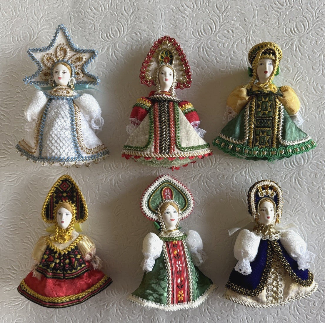 Russian Porcelain Folk Doll Ornaments Set of 6 Traditional Costume NewKokoshnik