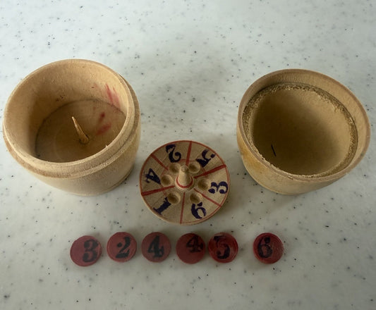 Vintage Wooden Barrel Spinning Game Parlor Game with Tokens & Top 2" Barrell