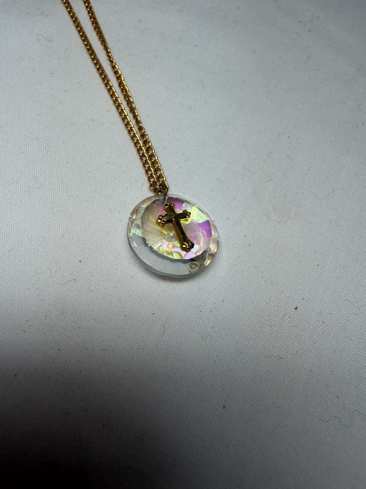 24kt Gold-plated Cross Necklace Iridescent Pendant  16”