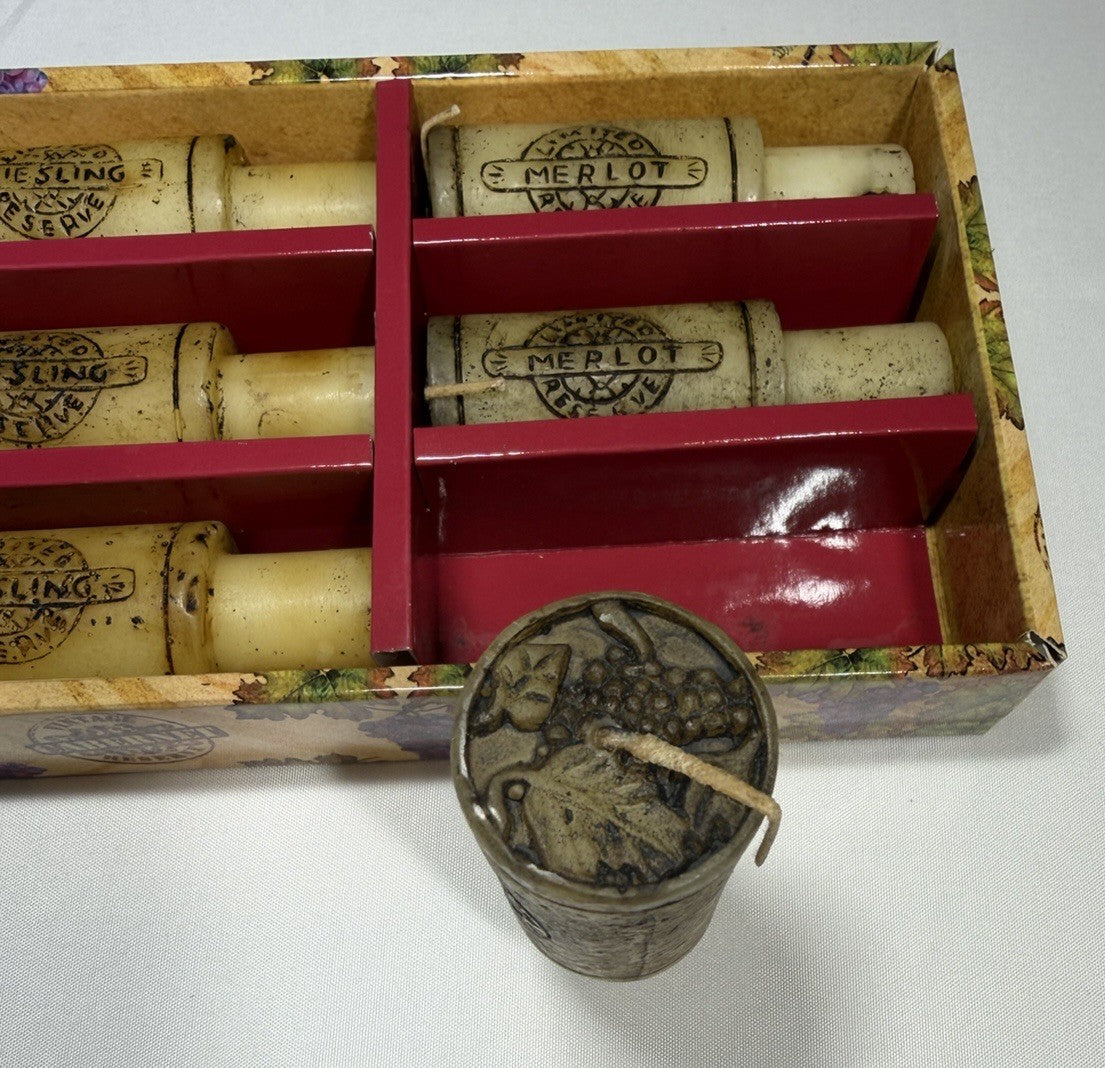 Wine Bottle Stopper Wax Cork Candles Grape Leaves 6" Decorative Set NEW
