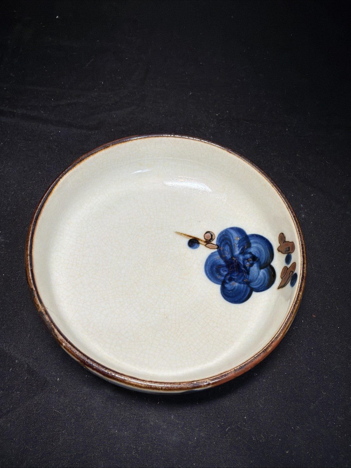 Vintage Asian Crackle Glaze Bowl Blue Floral Gold Trim Porcelain 5”
