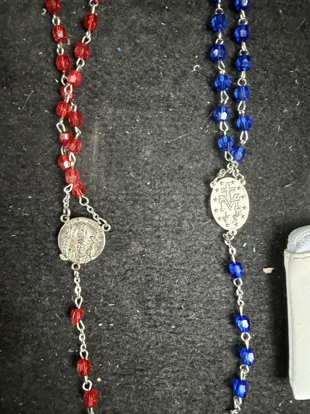 Catholic Rosary Beads Pair Red Blue Crystal Glass Silver Tone Cross Religious