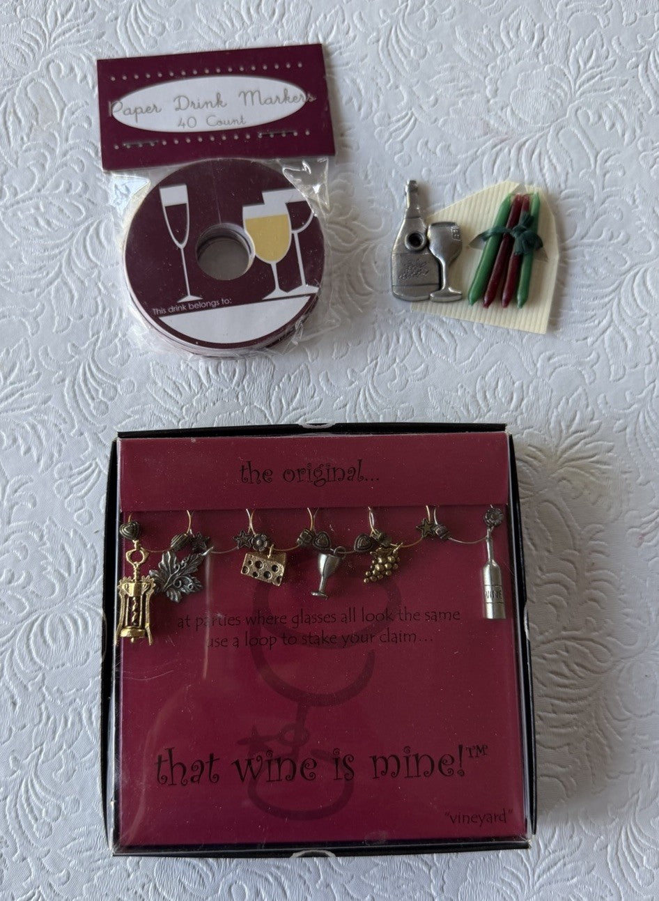 Vintage Wine Charms Drink Marker Set Vineyard Pewter Wine Is Mine Barware Gift