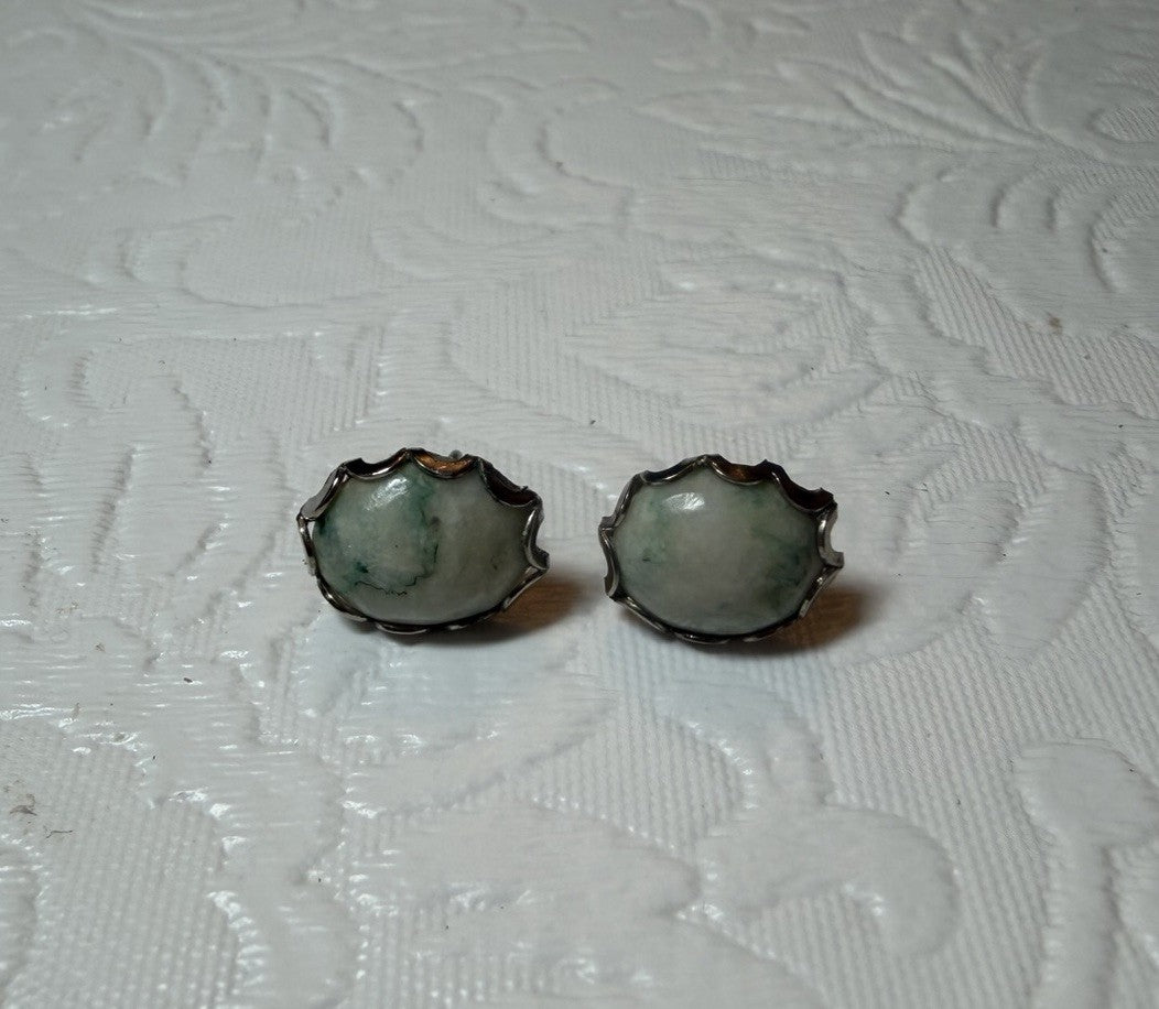 Vintage Jade Green Stone Link Bracelet & Earring Set Silver Tone 7" Pierced Stud