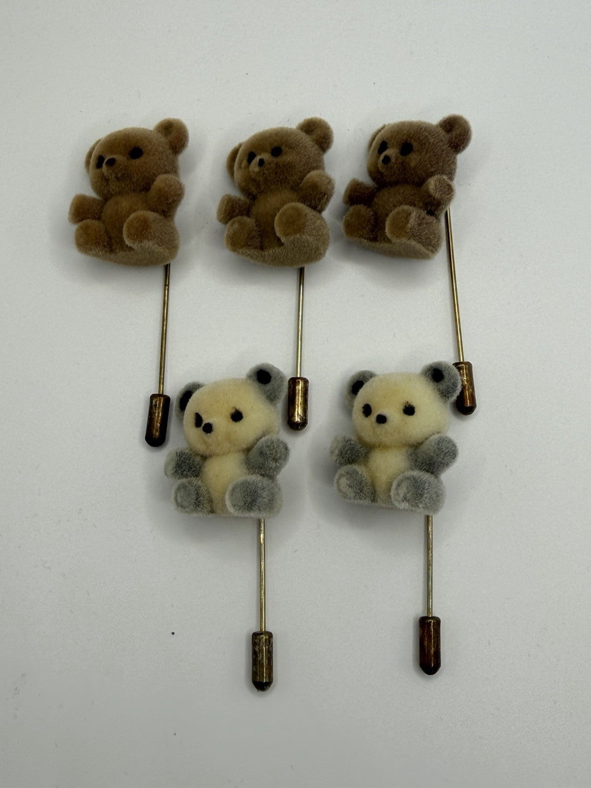 Vintage Flocked Teddy Bear Panda Lapel Stick Pins Hat Scarf Jewelry Lot of 5