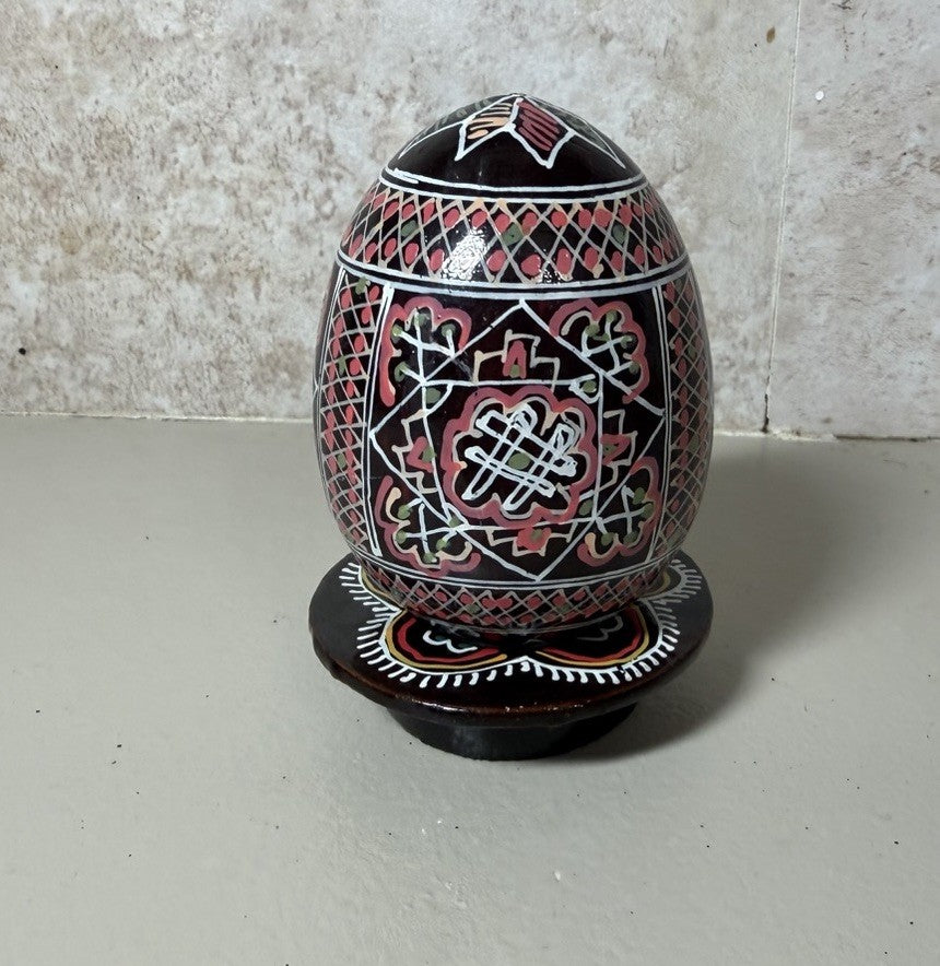 Vintage Hand Painted Pysanka Egg Folk Art Ukrainian Style Wooden Display Stand