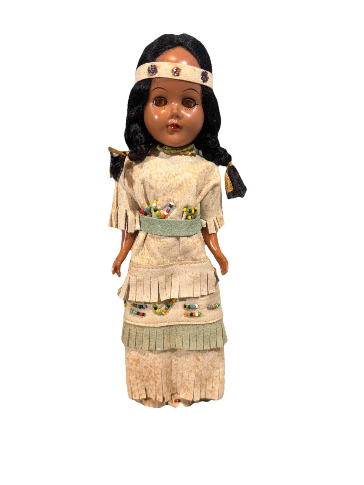 Vintage Native American Doll Sleepy Eyes Leather Beaded Dress 10"
