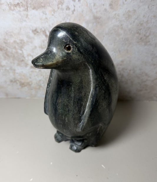 Hand Carved Soapstone Penguin Figurine Dark Green Stone Folk Art Sculpture Art