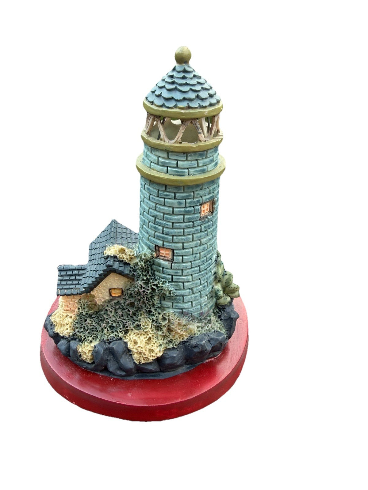 Illuminated Lighthouse Collectible Blue Brick Tower Keepers Dwelling