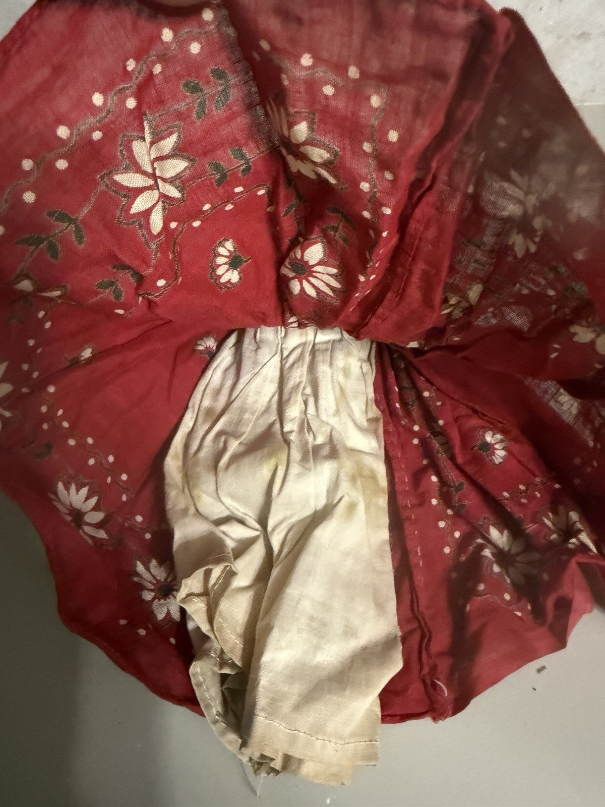 Vintage Handmade Folk Art Cloth Doll Floral Dress Handkerchief 12"