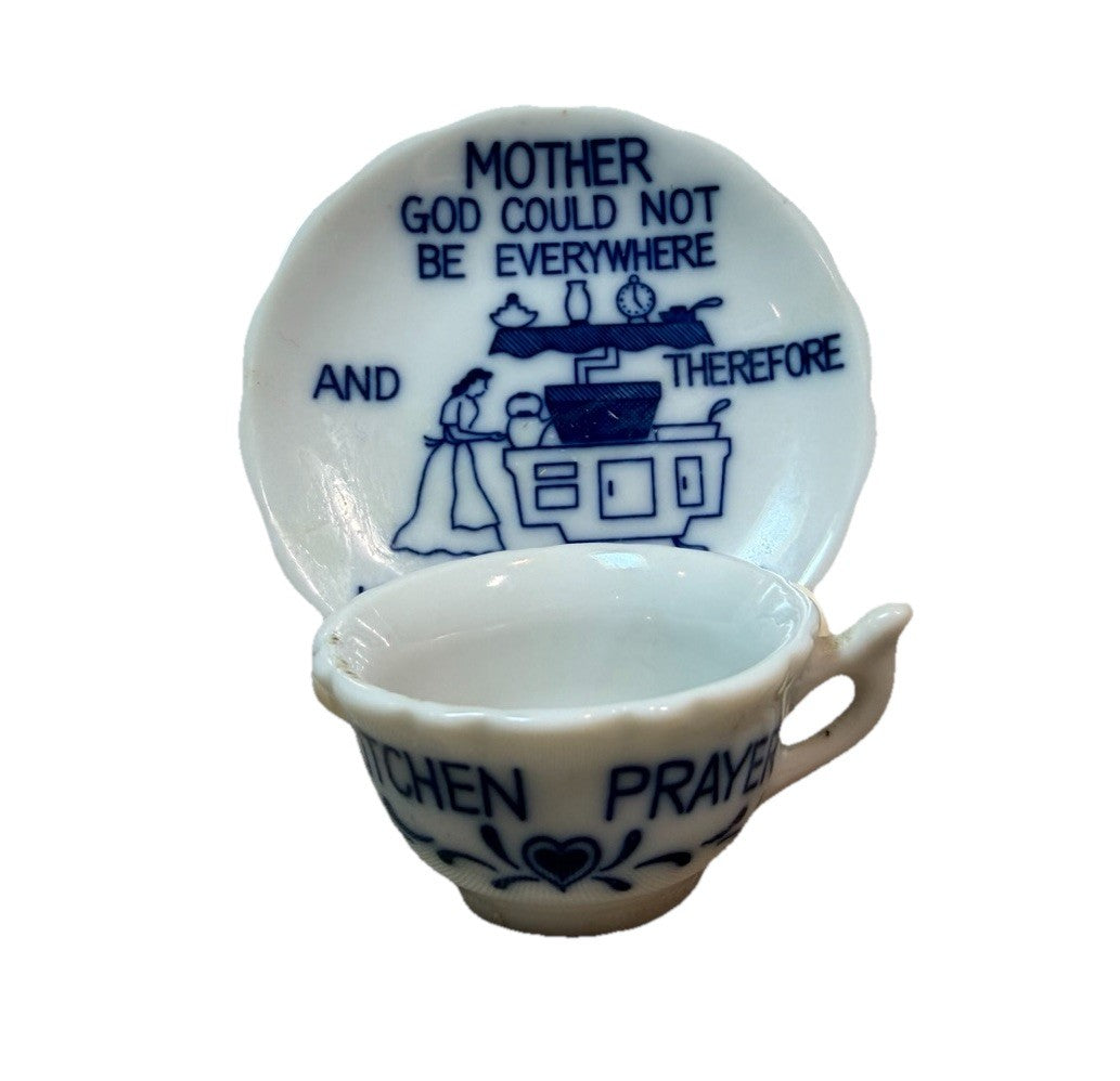 Vintage Miniature Cup Saucer Kitchen Prayer He Made Mothers Blue White