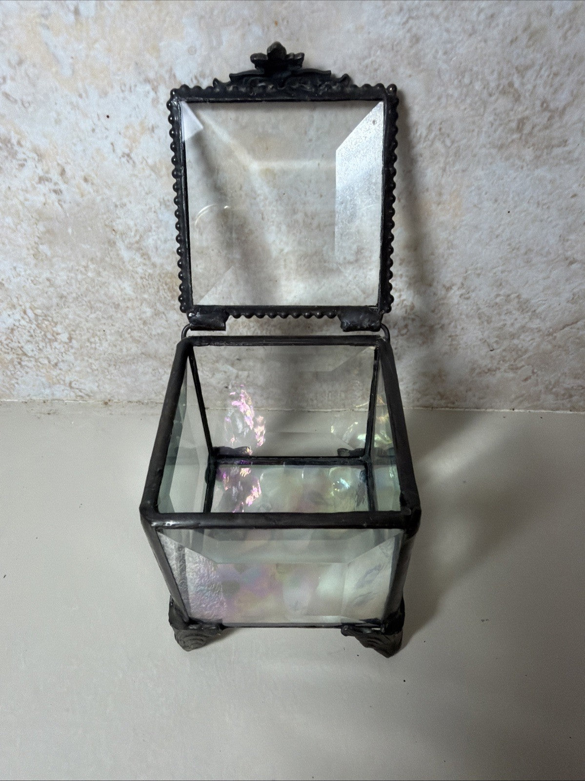 Vintage Style Built Beveled Glass Trinket Jewelry Box Footed Iridescent Metal 3"