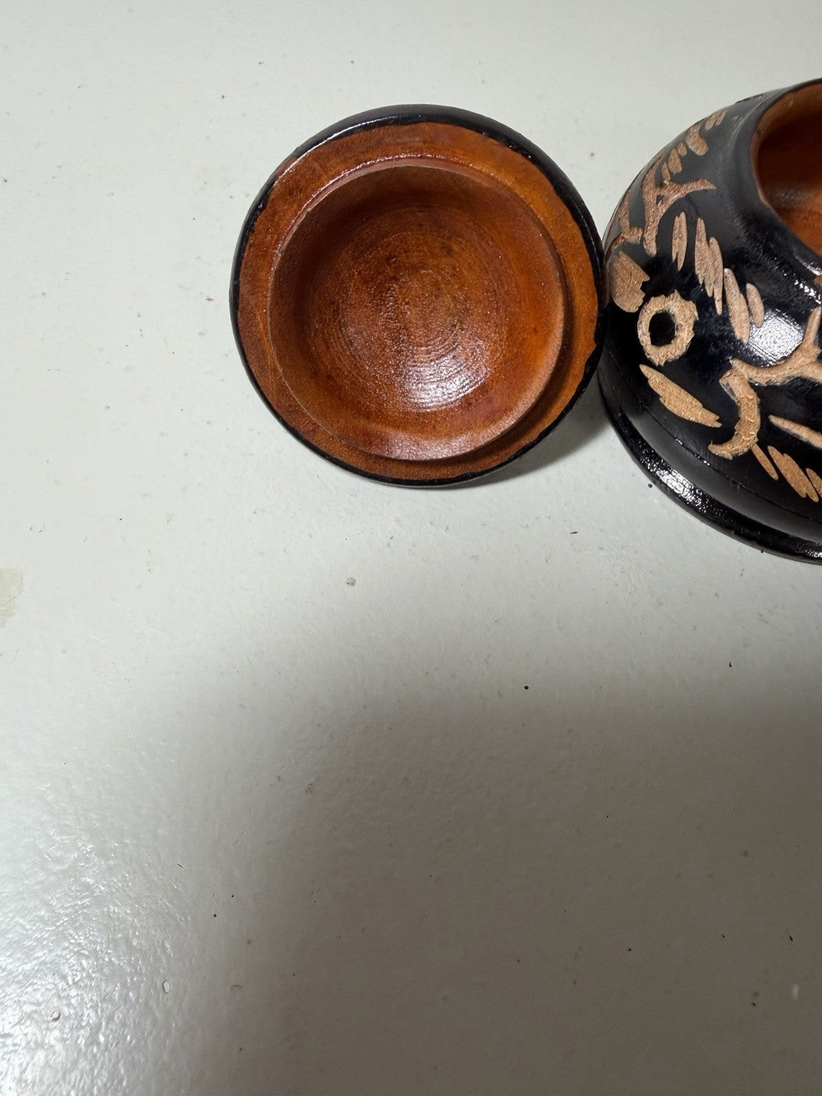 Vintage Hand Carved Wood Trinket Bowl Stash Box Lid Floral Etched Black 3"x3"