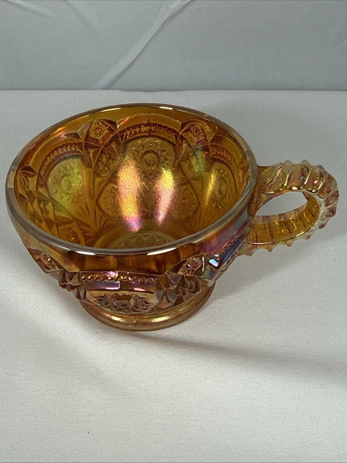 Set of 4 Vintage Imperial Hobstar Iridescent Marigold Orange Carnival Glass Cups