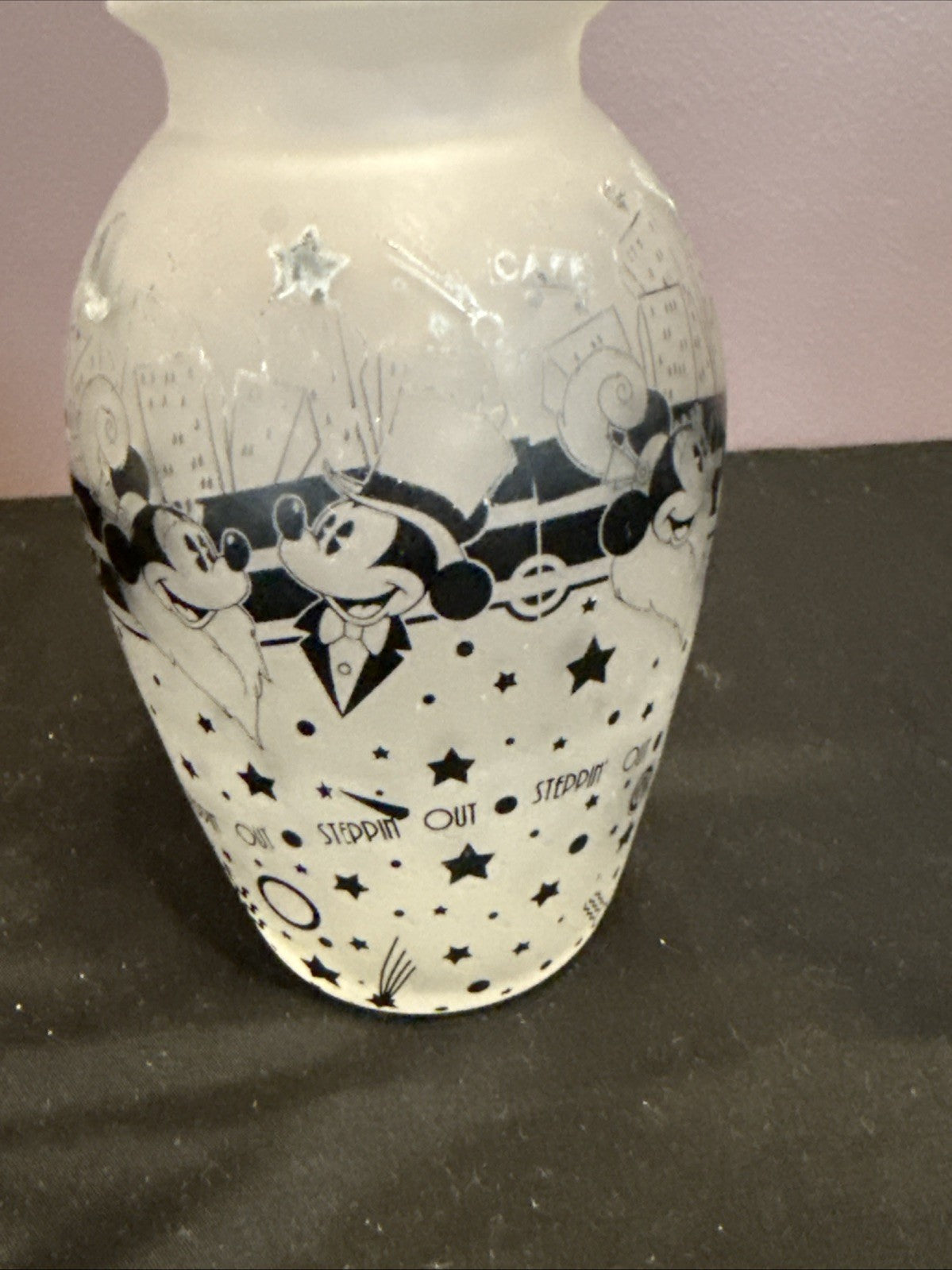 Disney Mickey Minnie Steppin Out Frosted Glass Vase Black White 5.5"