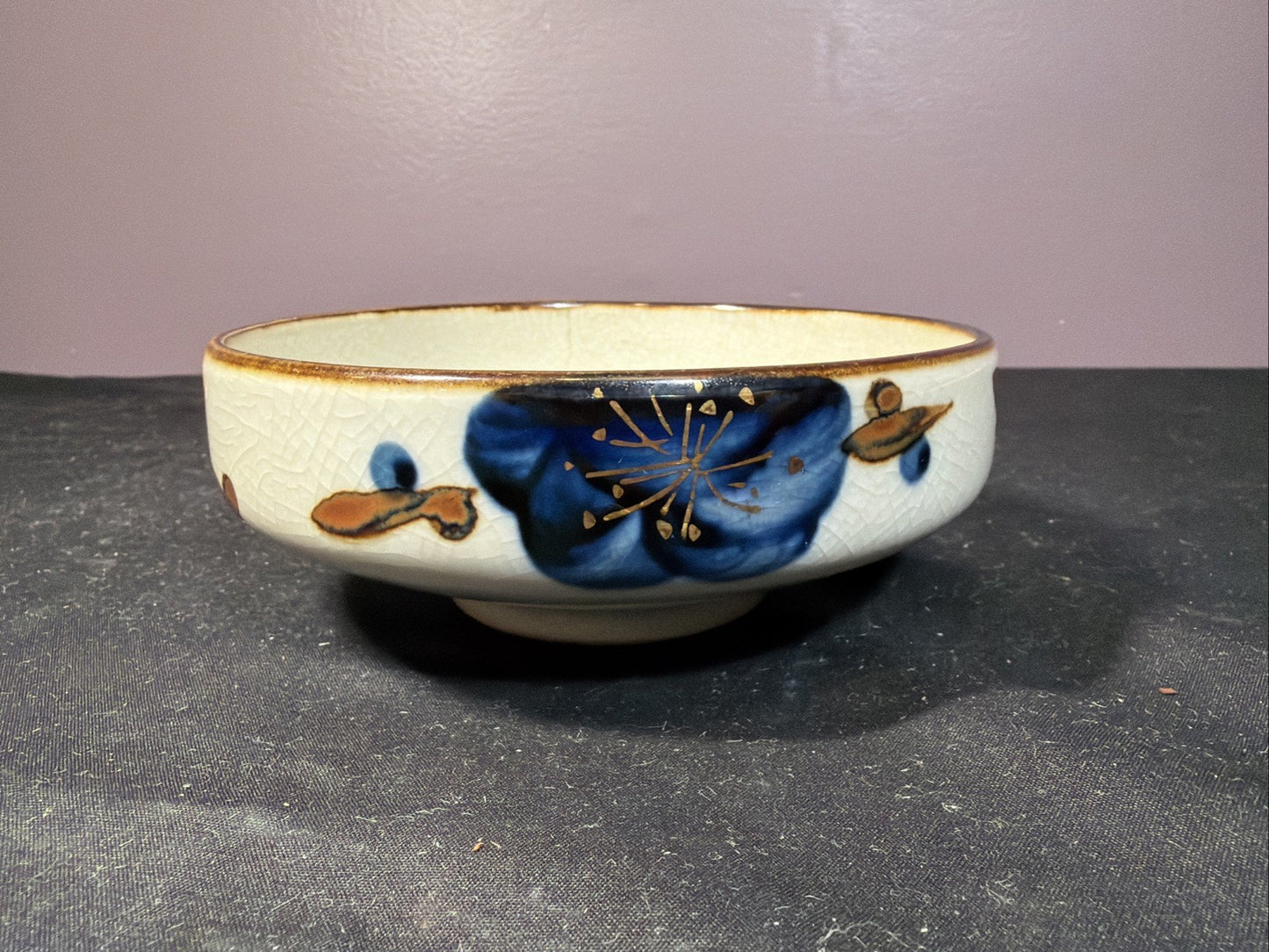 Vintage Asian Crackle Glaze Bowl Blue Floral Gold Trim Porcelain 5”