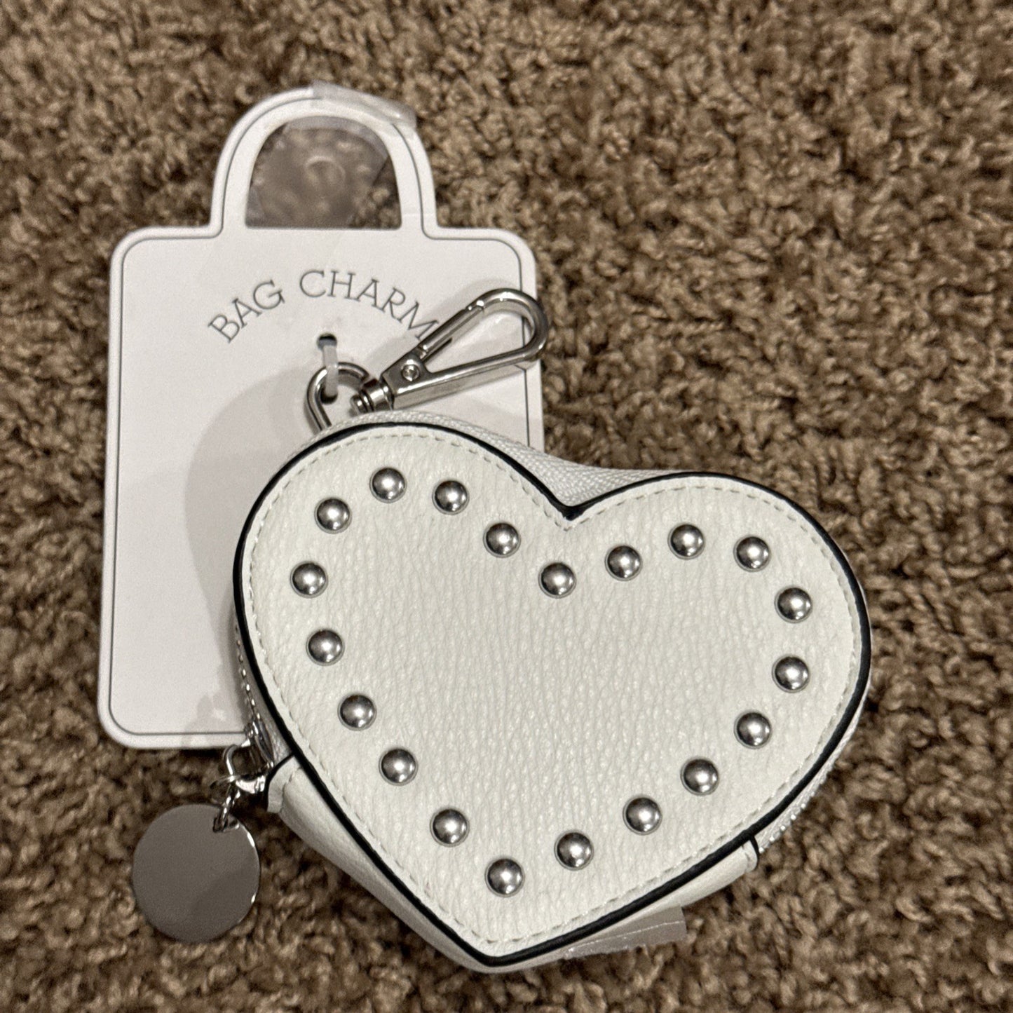 White Silver Heart Studded Zipper Charm Clip On Bag Purse Accessory Keychain