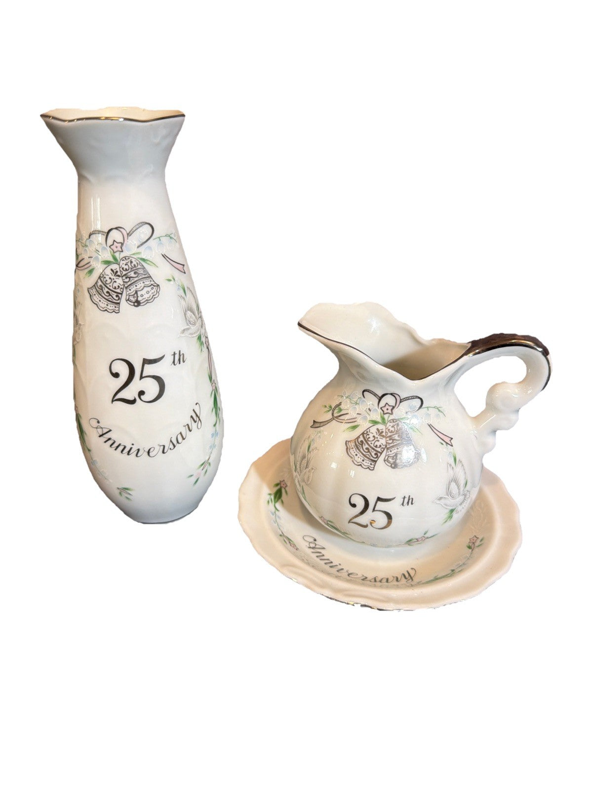 1984 Lefton Hand Painted China 25th Anniversary Pitcher Plate & Candle Votive