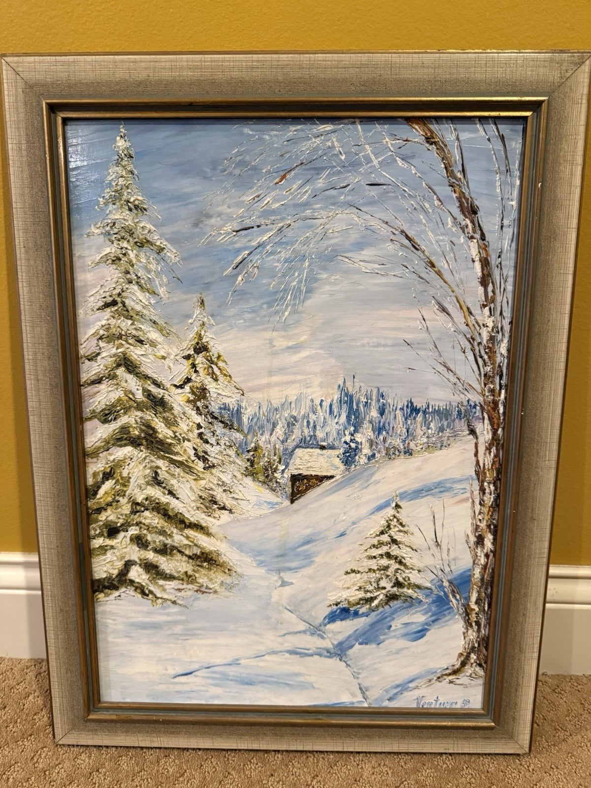Vintage Ventura Hand Painted Oil Painting, Winter Landscape, 1969, Framed