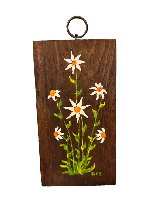 Vintage Hand Painted Wooden Wall Plaque Daisy Flowers Signed DEE Folk Art Decor